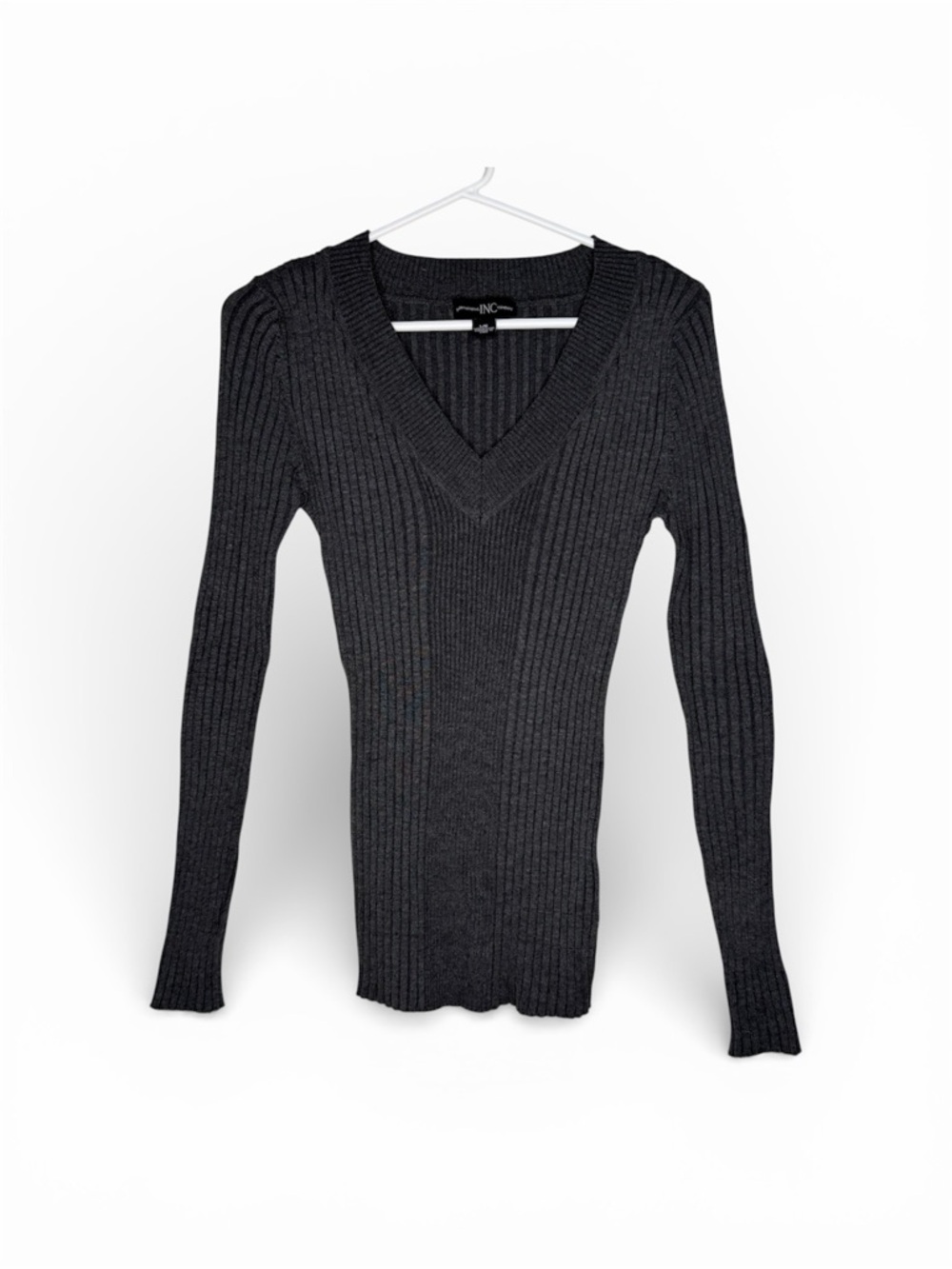 INC International Company Charcoal Ribbed V-Neck Pullover Sweater Large